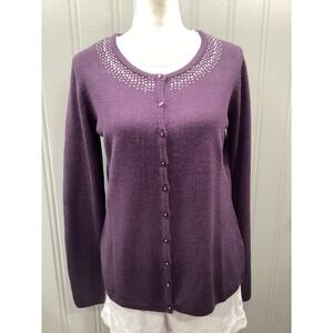 Karen Scott Womens Cardigan Sweater Small Purple Rhinestone Button Front Knit
